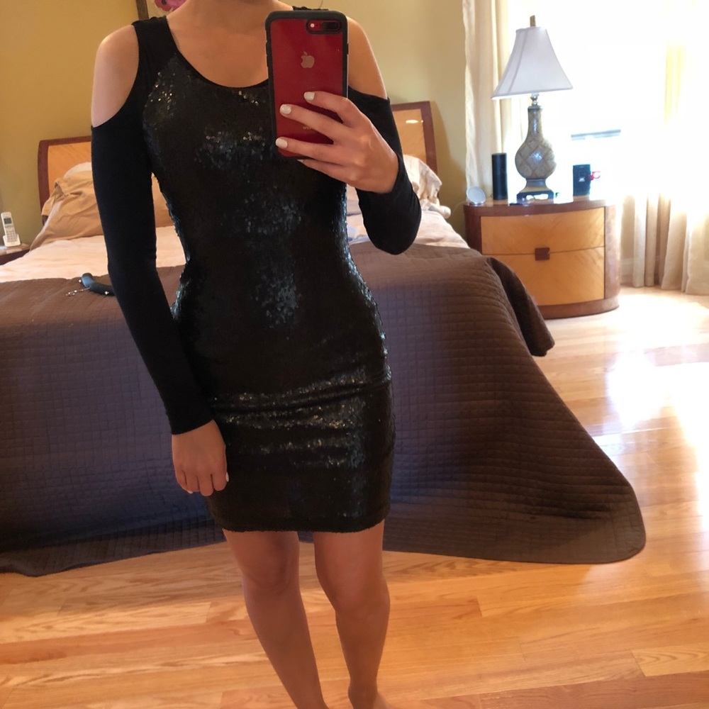 Long Sleeve Black Sequin Dress with Shoulder Cut